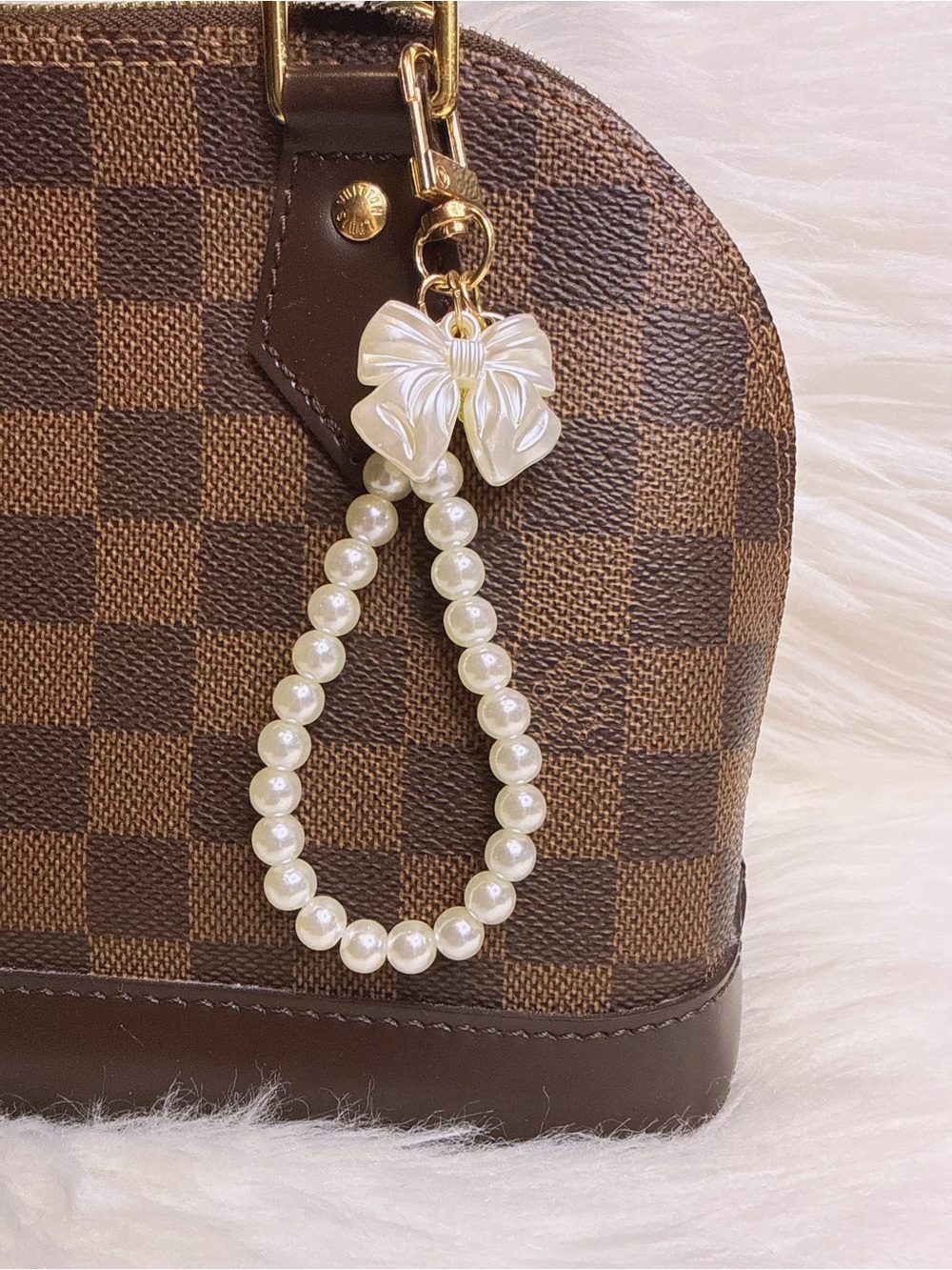 Mini Bow Bag Charm Keychain Key Ring Car Charm Gold White Faux Pearl Strap